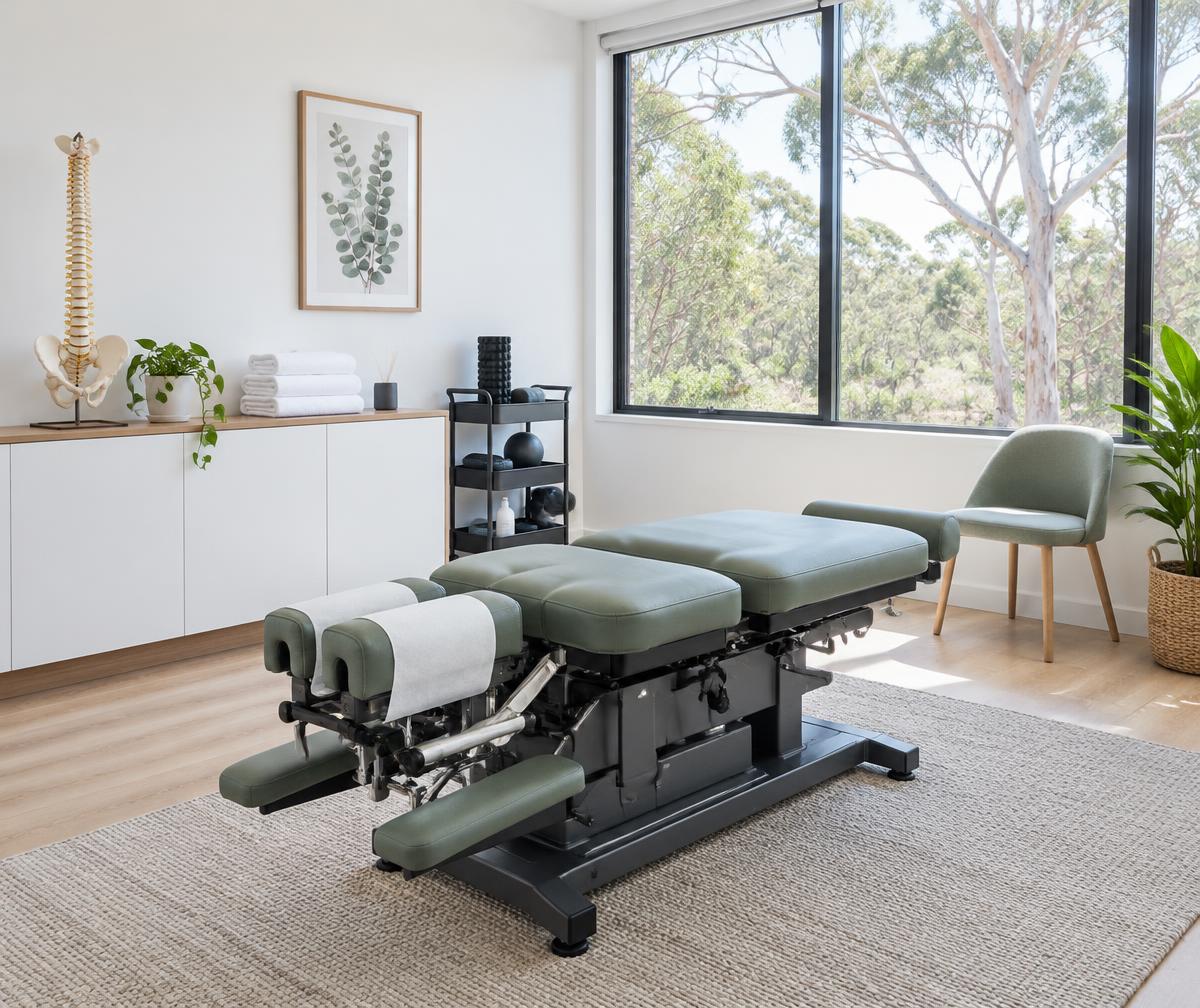 Illustrative chiropractic treatment room with an adjustment table and natural daylight